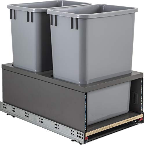 Double 35qt Metal Drawerbox Trashcan Pullout with Grey Bins