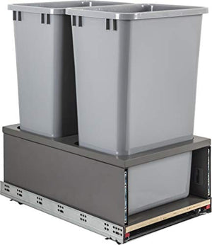 Double 50qt Metal Drawerbox Trashcan Pullout with Grey Bins