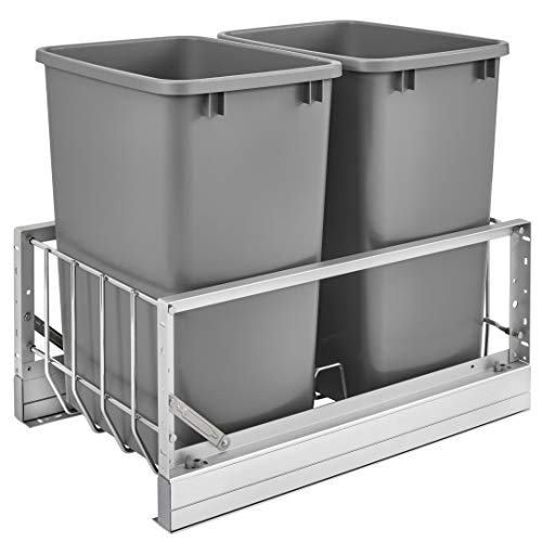 Rev-A-Shelf 5349-18DM-217 22 x 15 x 19.25 Inch Double 35 Quart Kitchen Cabinet Pull Out Waste Container Storage with 2 Trash Cans and Wire Basket
