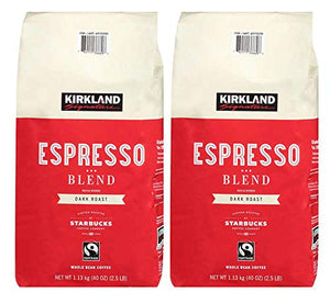 Kirkland Signature Whole Bean Coffee | Roasted by Starbucks | 40 Ounce - 2.5 LBS | Espresso Blend | Pack of 2